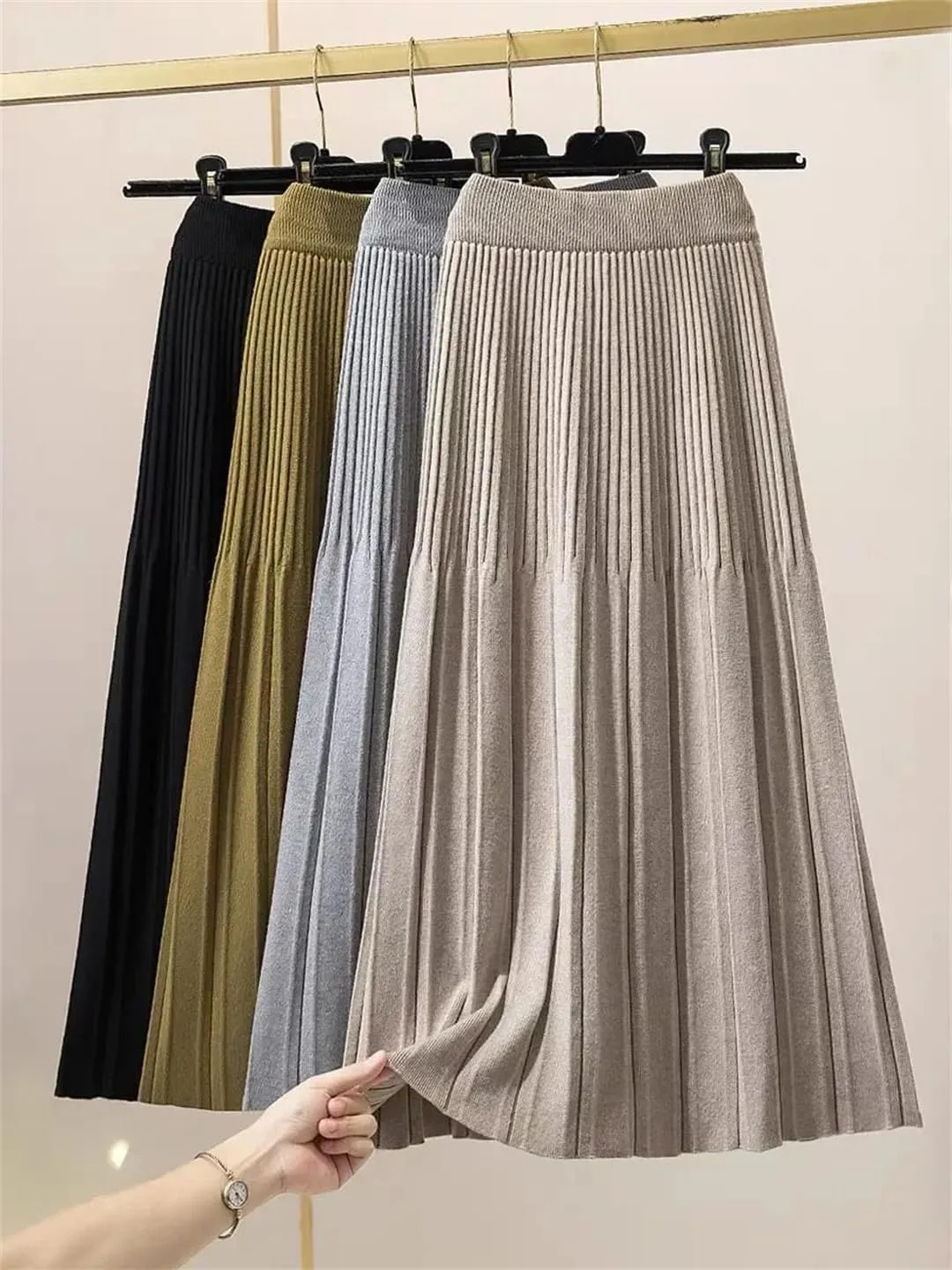 Knitted Pleated Skirt for Women Autumn Winter Thick Warm Casual A Line High Waist Midi Long Skirt