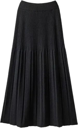 Knitted Pleated Skirt for Women Autumn Winter Thick Warm Casual A Line High Waist Midi Long Skirt
