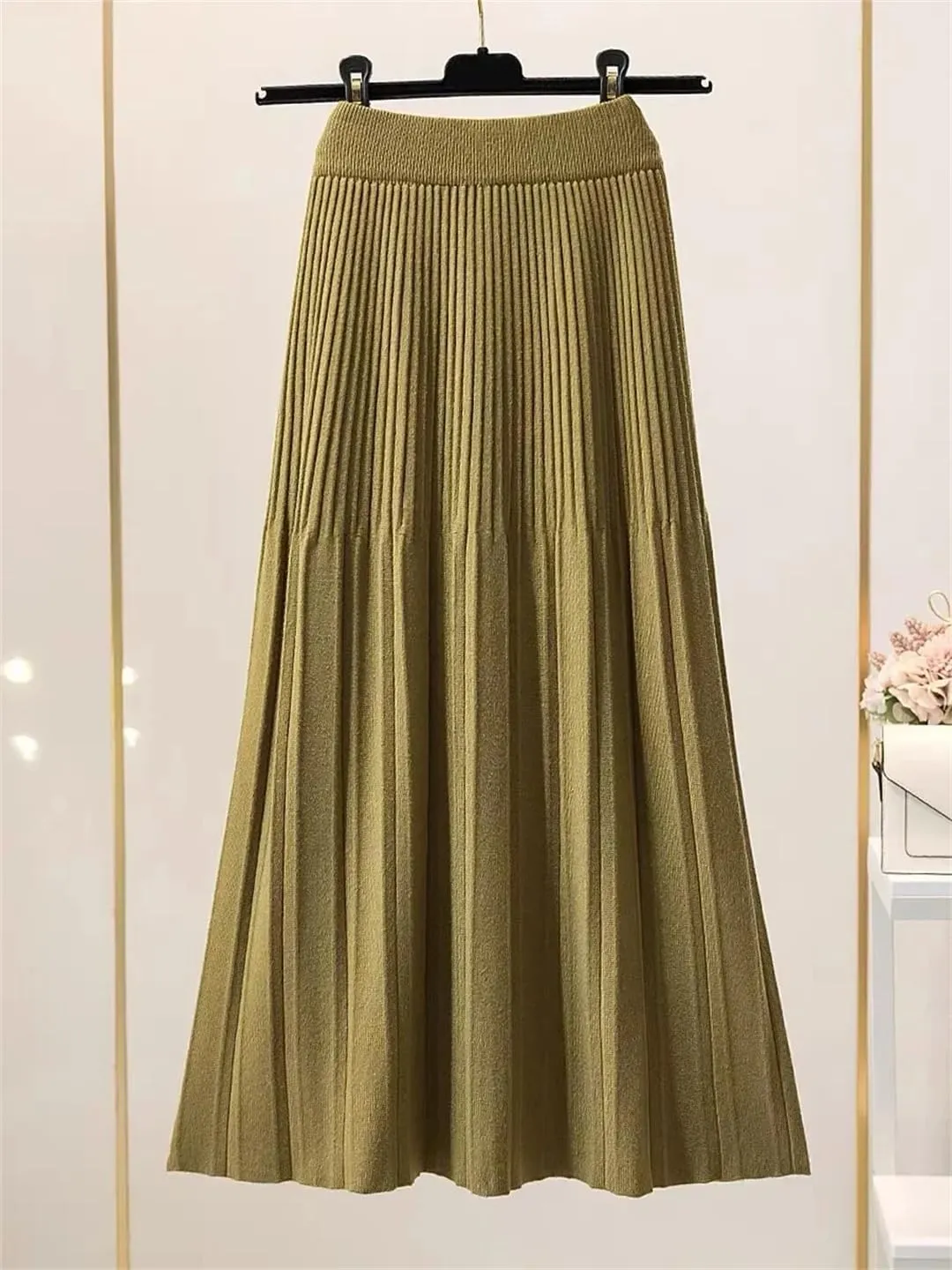 Knitted Pleated Skirt for Women Autumn Winter Thick Warm Casual A Line High Waist Midi Long Skirt