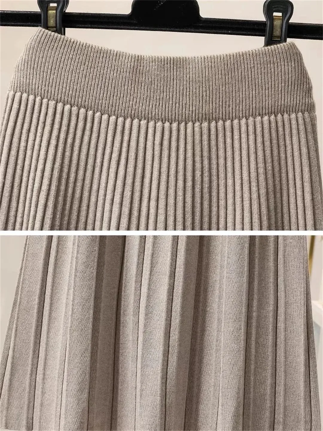 Knitted Pleated Skirt for Women Autumn Winter Thick Warm Casual A Line High Waist Midi Long Skirt