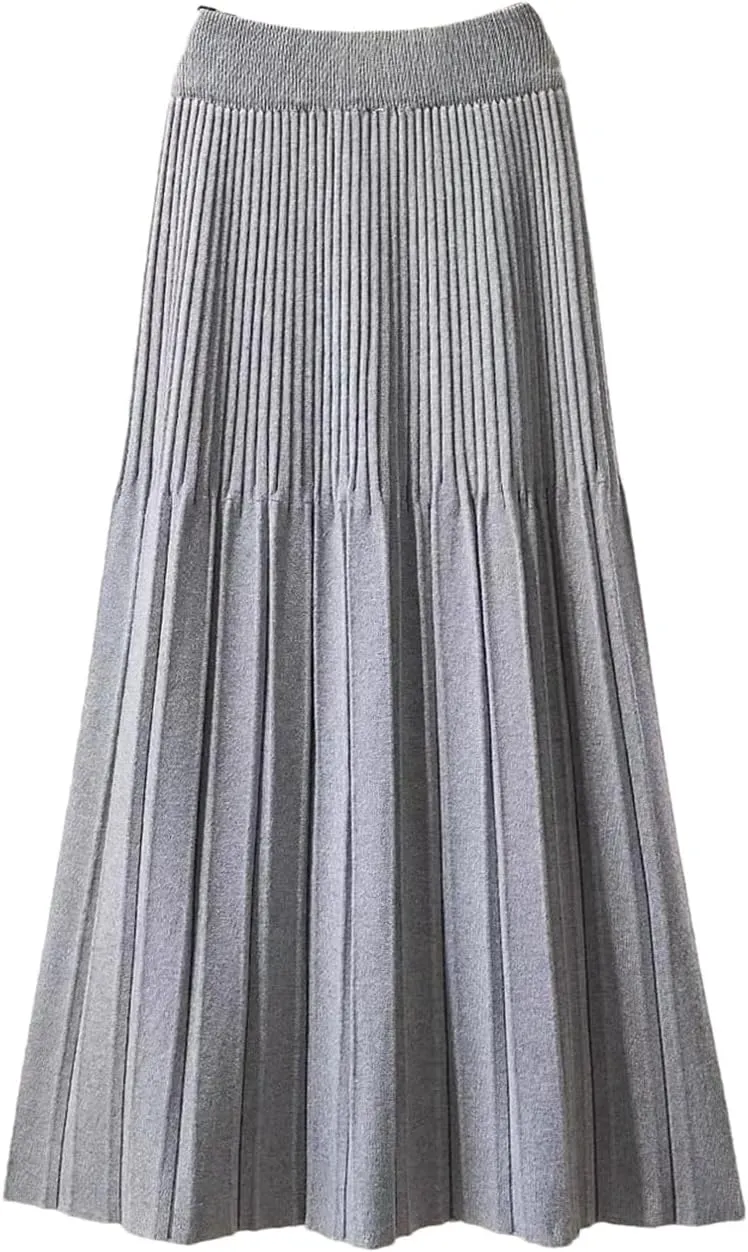 Knitted Pleated Skirt for Women Autumn Winter Thick Warm Casual A Line High Waist Midi Long Skirt