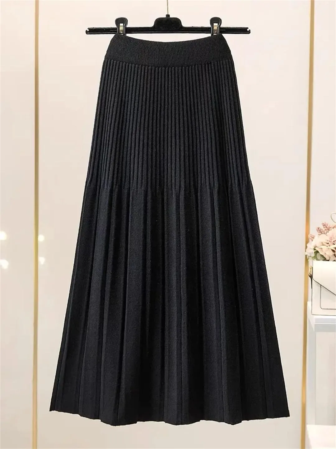 Knitted Pleated Skirt for Women Autumn Winter Thick Warm Casual A Line High Waist Midi Long Skirt