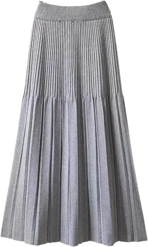 Knitted Pleated Skirt for Women Autumn Winter Thick Warm Casual A Line High Waist Midi Long Skirt