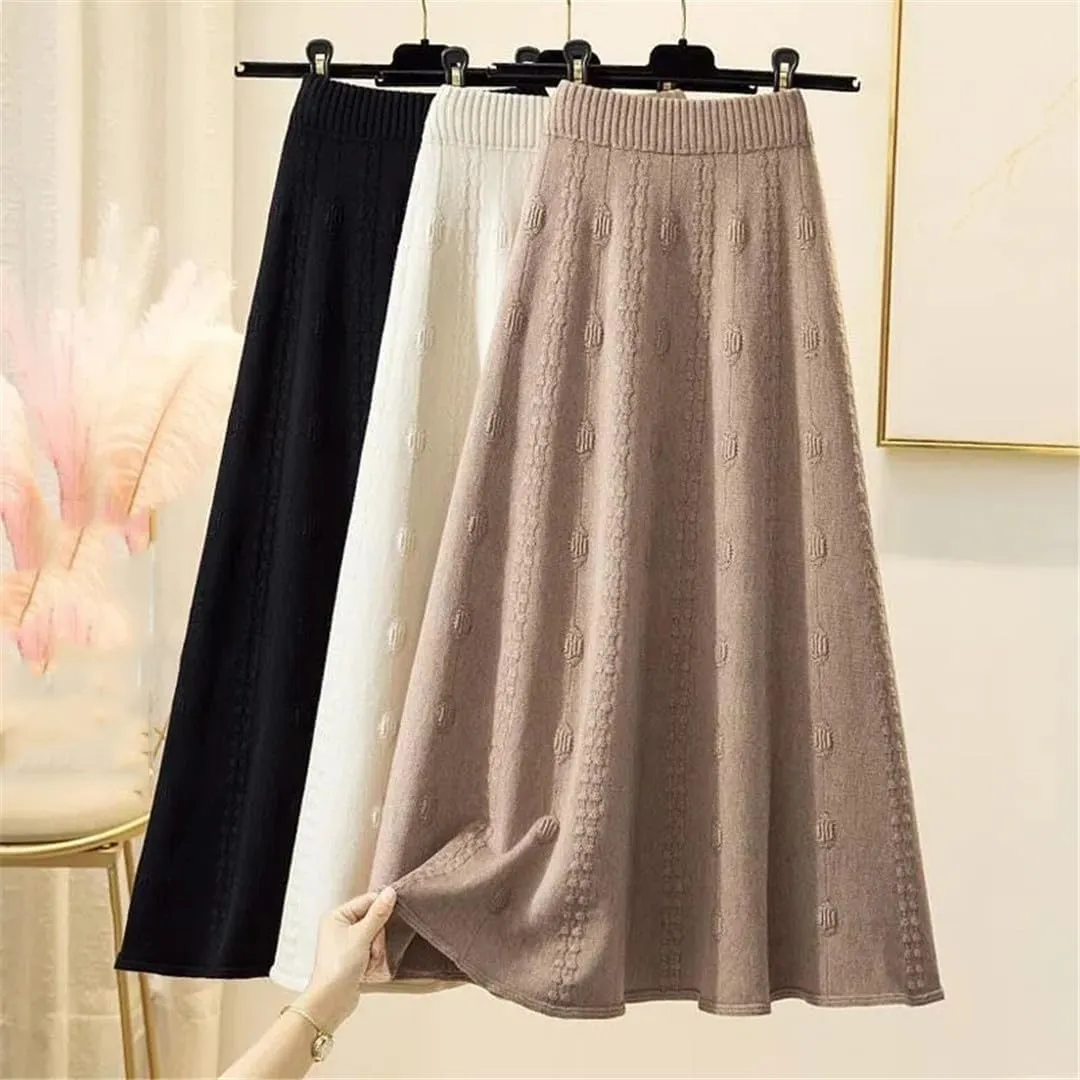 Knitted Ruffle Skirt Korean Autumn Winter Long A-Line Skirt Women Elastic High Waist Wool Warm Midi Pleated Skirt