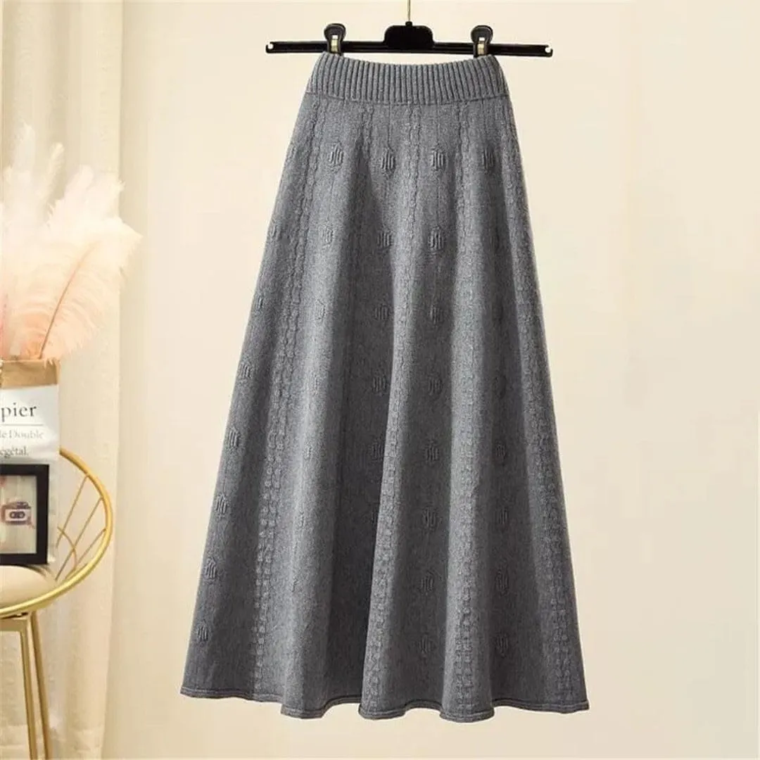 Knitted Ruffle Skirt Korean Autumn Winter Long A-Line Skirt Women Elastic High Waist Wool Warm Midi Pleated Skirt