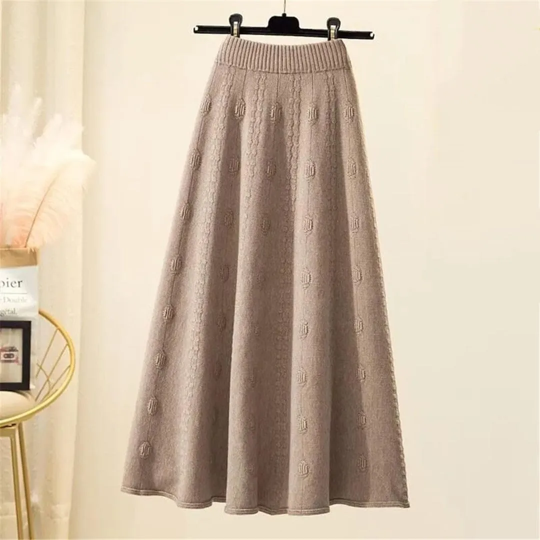 Knitted Ruffle Skirt Korean Autumn Winter Long A-Line Skirt Women Elastic High Waist Wool Warm Midi Pleated Skirt