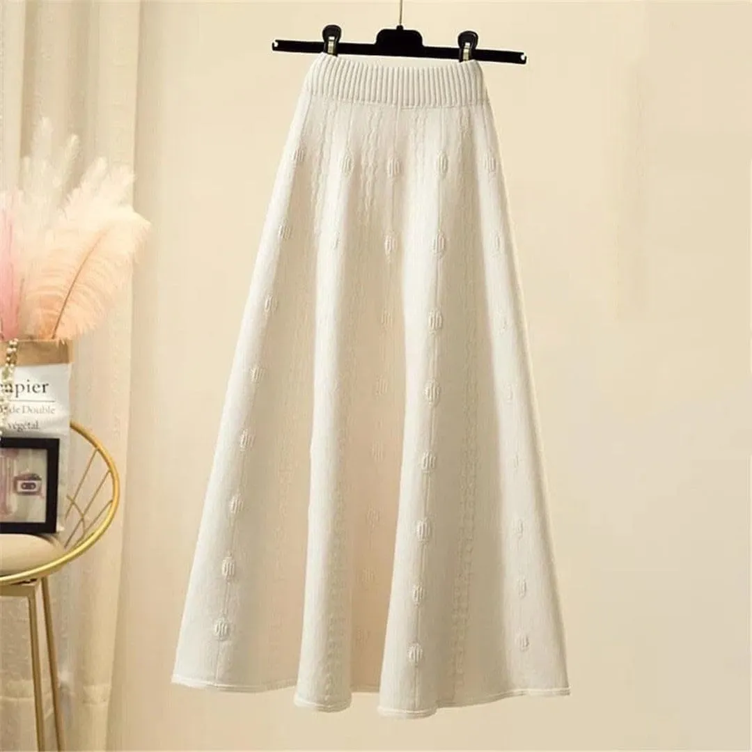 Knitted Ruffle Skirt Korean Autumn Winter Long A-Line Skirt Women Elastic High Waist Wool Warm Midi Pleated Skirt