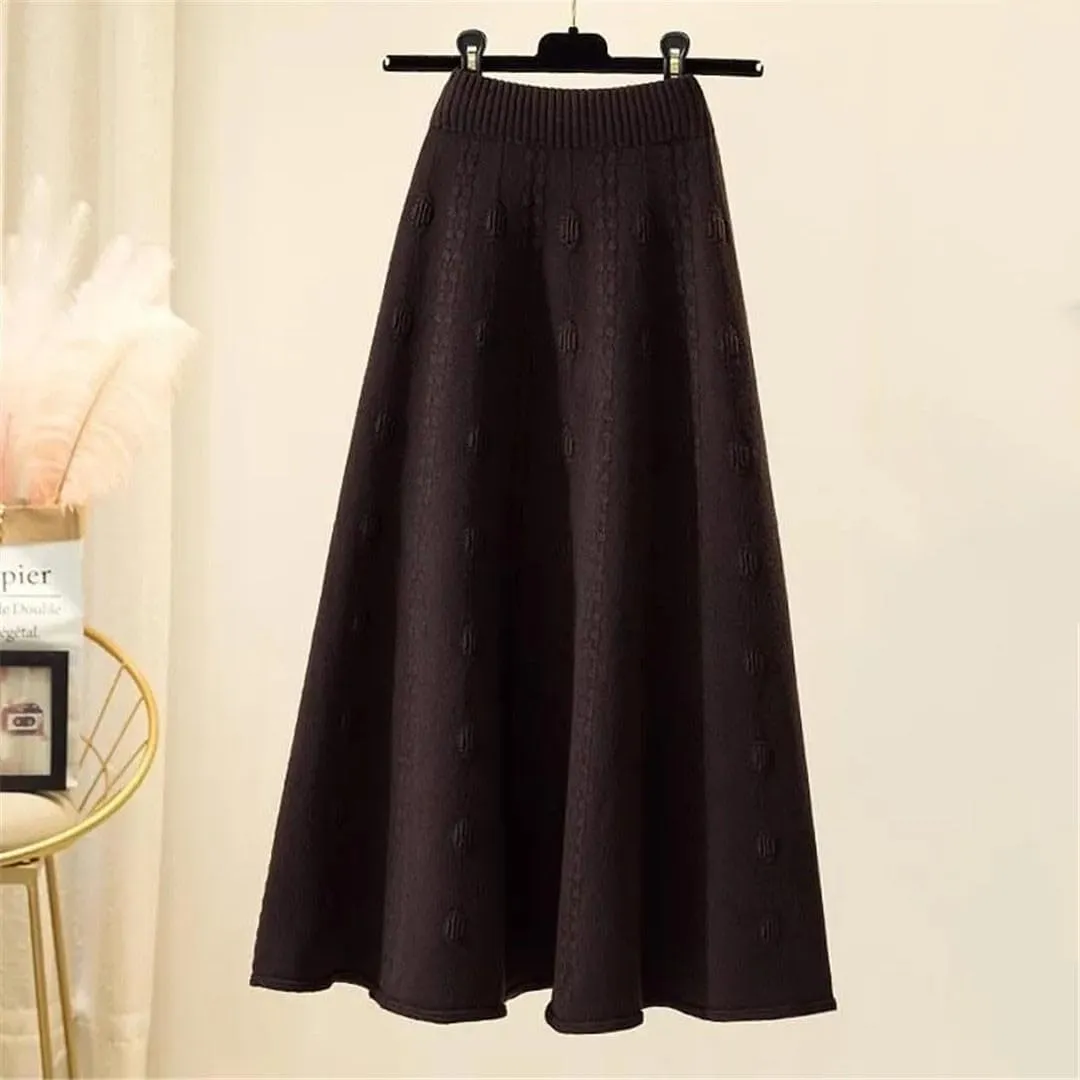 Knitted Ruffle Skirt Korean Autumn Winter Long A-Line Skirt Women Elastic High Waist Wool Warm Midi Pleated Skirt