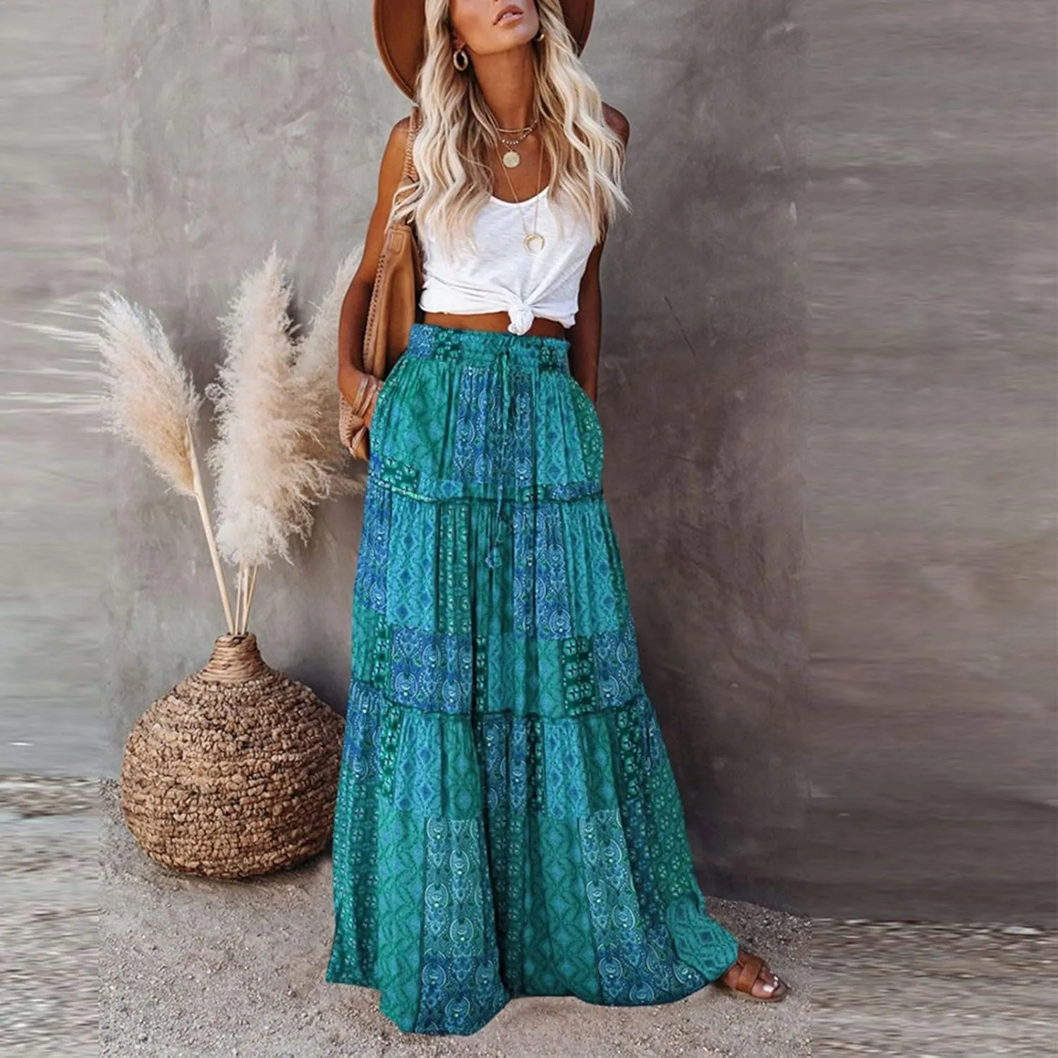 KUIOLYPOER Womens Floral Print Boho Maxi Skirt Elastic High Waist Pleated Ruffle Flowy Long Skirts Trendy Tiered Flowy Skirt