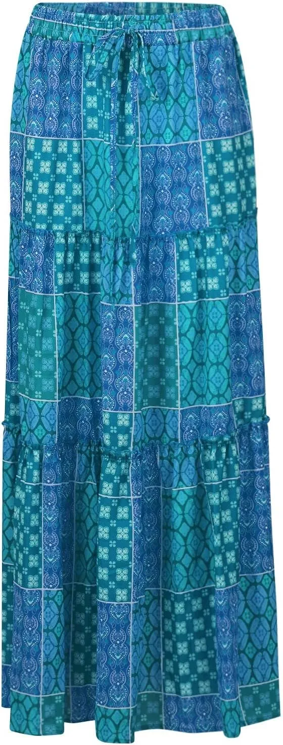 KUIOLYPOER Womens Floral Print Boho Maxi Skirt Elastic High Waist Pleated Ruffle Flowy Long Skirts Trendy Tiered Flowy Skirt