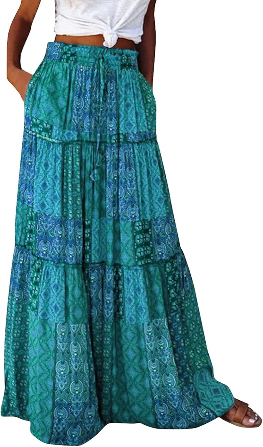 KUIOLYPOER Womens Floral Print Boho Maxi Skirt Elastic High Waist Pleated Ruffle Flowy Long Skirts Trendy Tiered Flowy Skirt