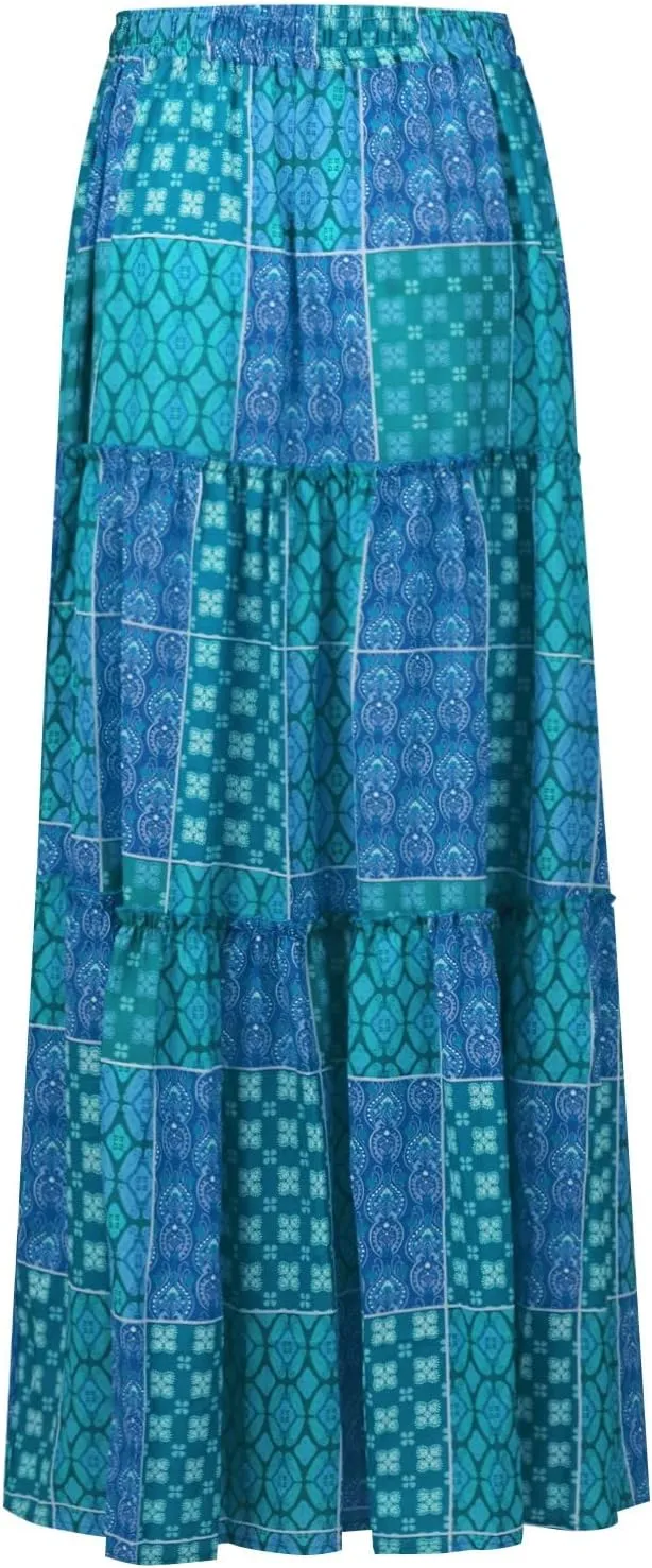 KUIOLYPOER Womens Floral Print Boho Maxi Skirt Elastic High Waist Pleated Ruffle Flowy Long Skirts Trendy Tiered Flowy Skirt