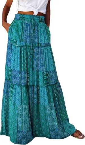 KUIOLYPOER Womens Floral Print Boho Maxi Skirt Elastic High Waist Pleated Ruffle Flowy Long Skirts Trendy Tiered Flowy Skirt