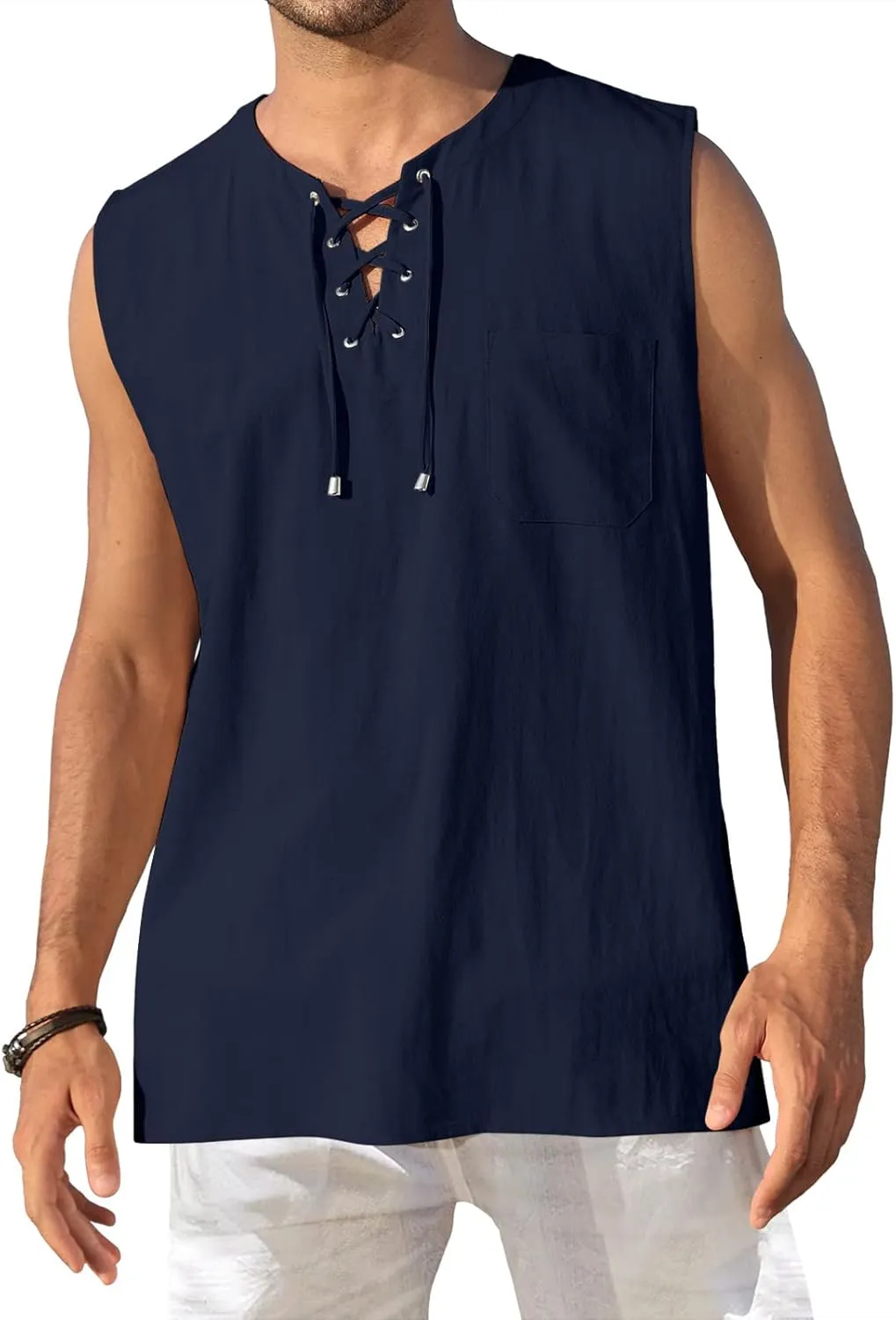KUYIGO Men's Fashion Beach Sleeveless Shirts Hippie Tank Top Linen Viking Tunic for Summer