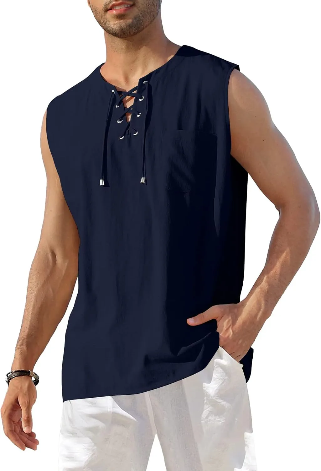 KUYIGO Men's Fashion Beach Sleeveless Shirts Hippie Tank Top Linen Viking Tunic for Summer
