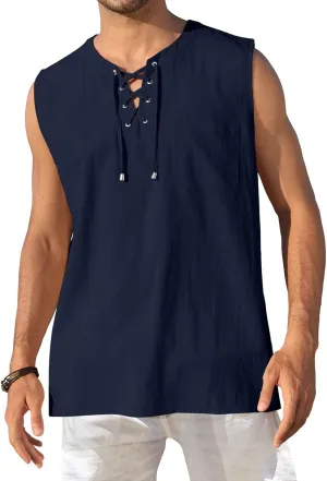 KUYIGO Men's Fashion Beach Sleeveless Shirts Hippie Tank Top Linen Viking Tunic for Summer