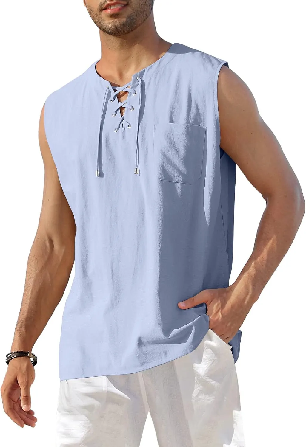 KUYIGO Men's Fashion Beach Sleeveless Shirts Hippie Tank Top Linen Viking Tunic for Summer