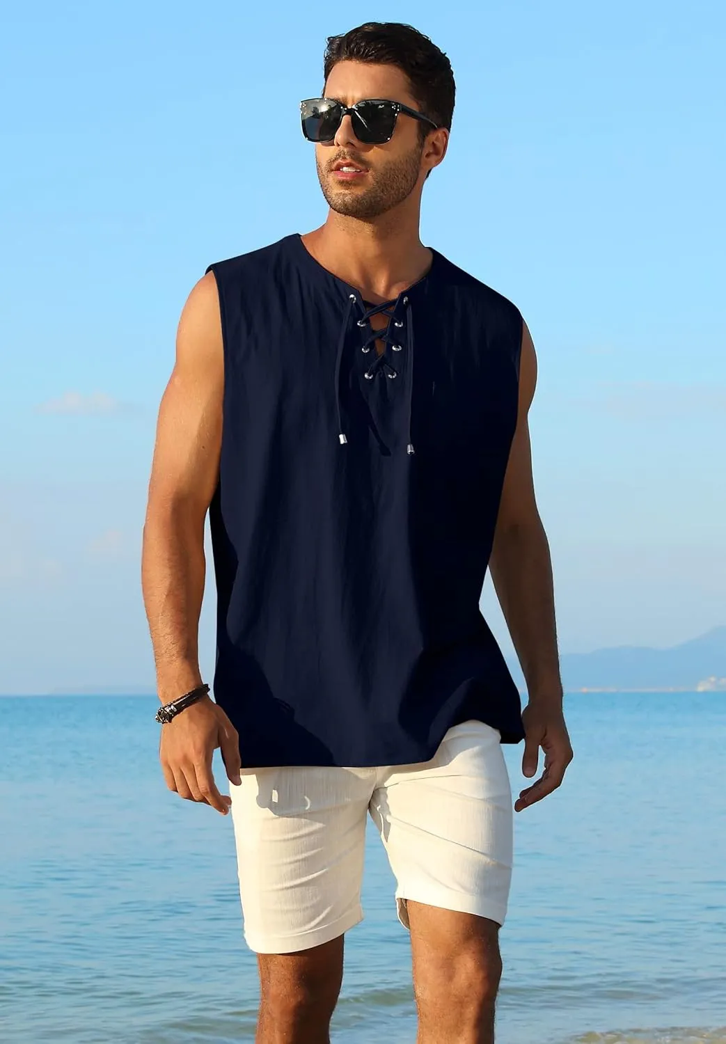 KUYIGO Men's Fashion Beach Sleeveless Shirts Hippie Tank Top Linen Viking Tunic for Summer