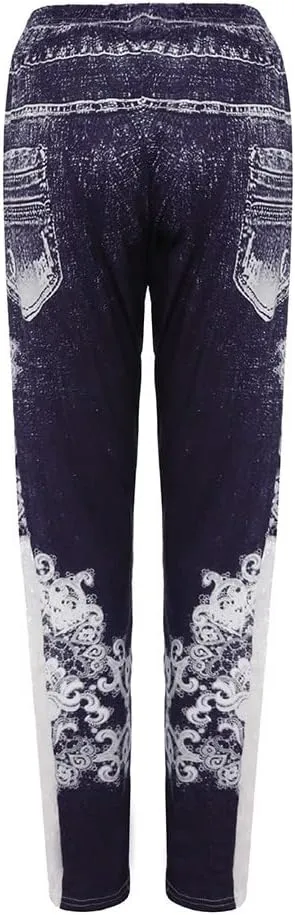 Lace Jean Leggings Women Butterfly Printed Denim Pants High Waist Butt Lift Capri Stretch Trim Pencil Denim Pants Plus