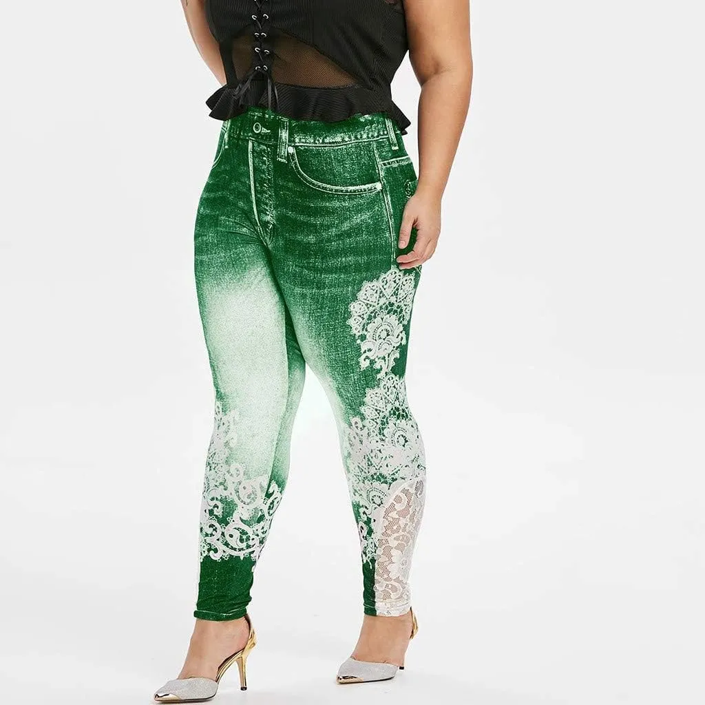Lace Jean Leggings Women Butterfly Printed Denim Pants High Waist Butt Lift Capri Stretch Trim Pencil Denim Pants Plus