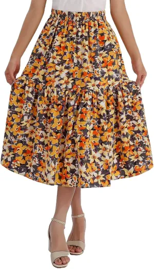 Ladies Elastic Waist High Waist Skirt Spring Summer and Autumn Pocket Casual Pleated Skirt