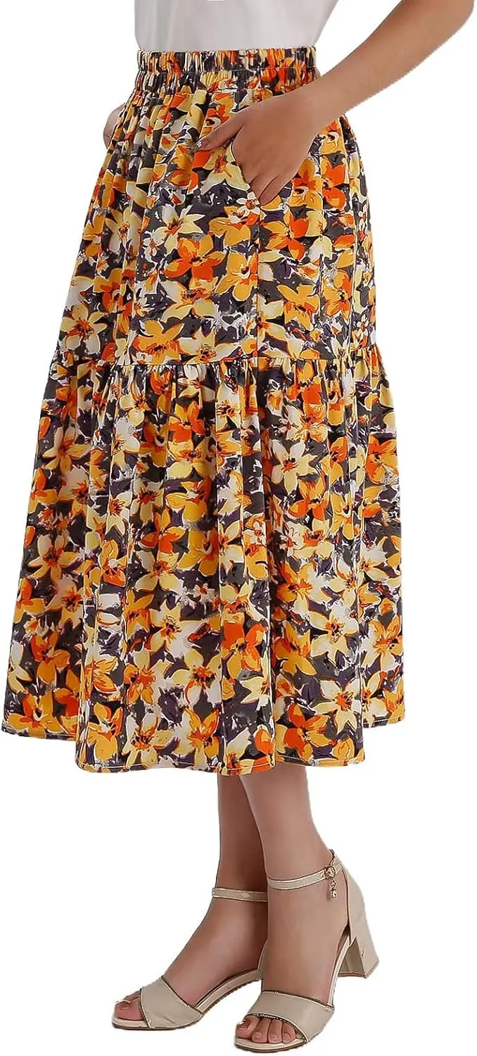 Ladies Elastic Waist High Waist Skirt Spring Summer and Autumn Pocket Casual Pleated Skirt