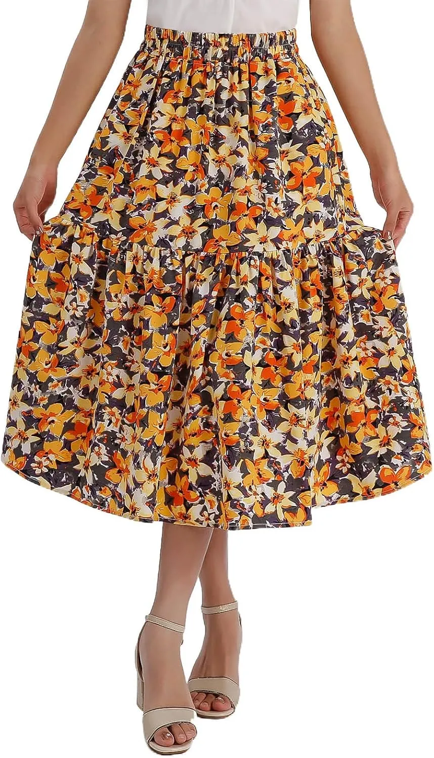 Ladies Elastic Waist High Waist Skirt Spring Summer and Autumn Pocket Casual Pleated Skirt