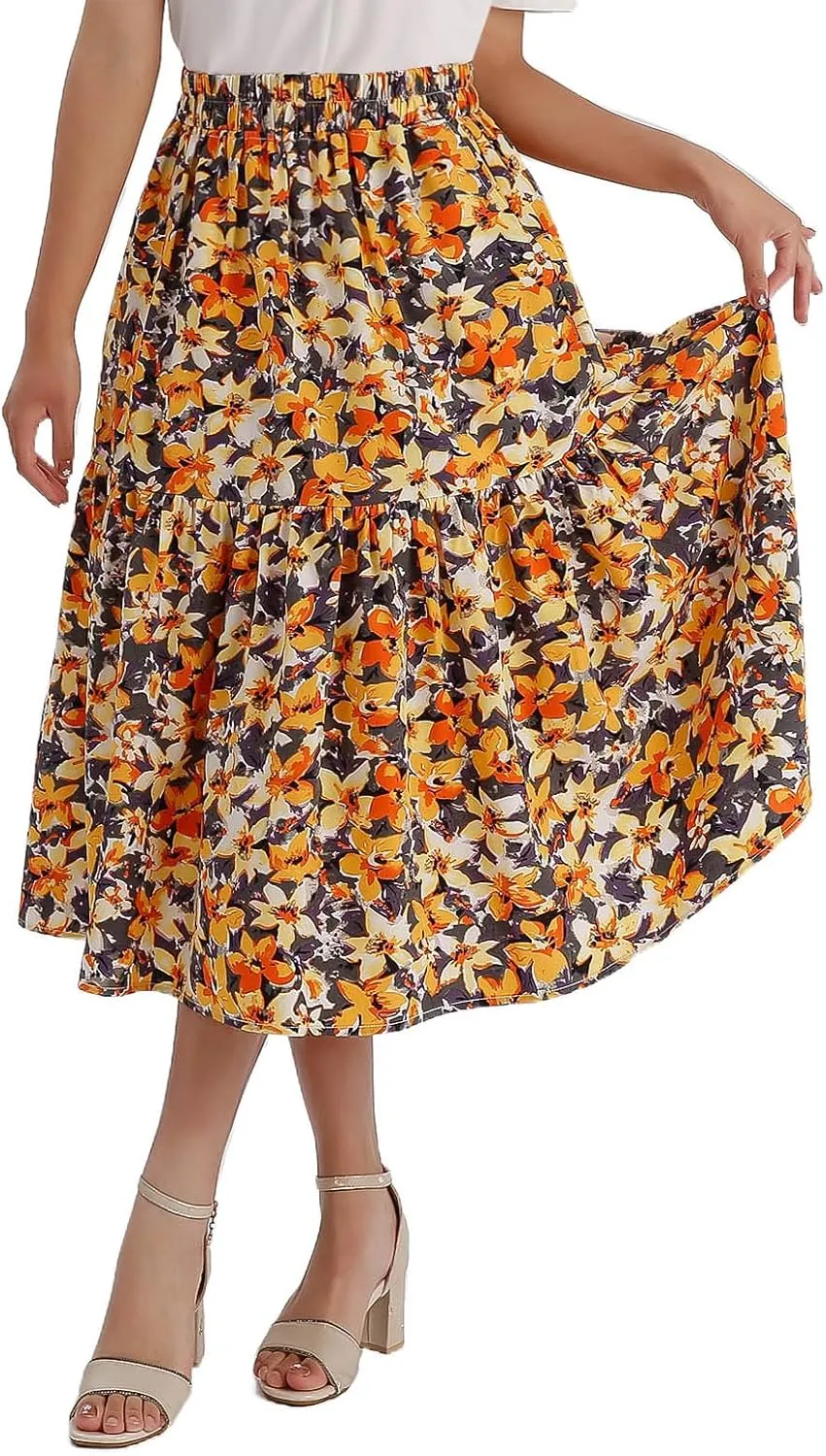 Ladies Elastic Waist High Waist Skirt Spring Summer and Autumn Pocket Casual Pleated Skirt