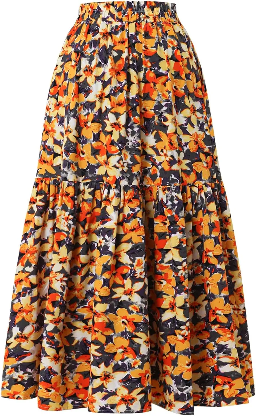 Ladies Elastic Waist High Waist Skirt Spring Summer and Autumn Pocket Casual Pleated Skirt