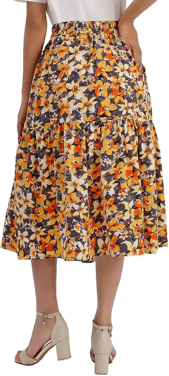 Ladies Elastic Waist High Waist Skirt Spring Summer and Autumn Pocket Casual Pleated Skirt