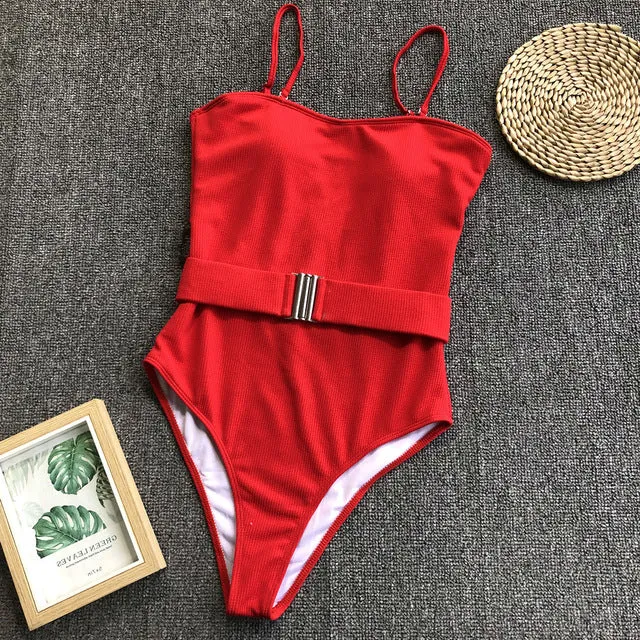 Lady Retro Solid Ribbed Bandeau Swimwear