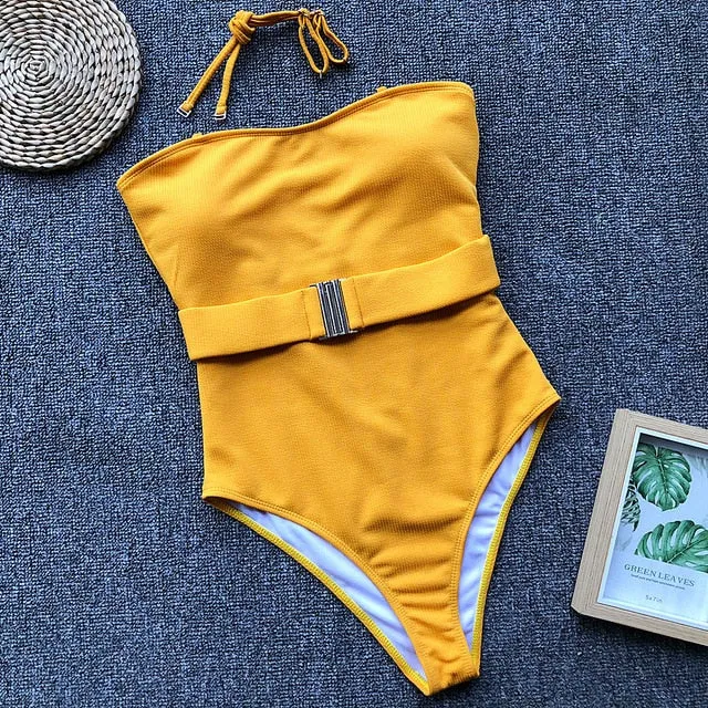 Lady Retro Solid Ribbed Bandeau Swimwear