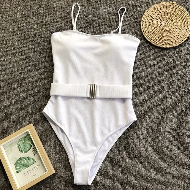Lady Retro Solid Ribbed Bandeau Swimwear