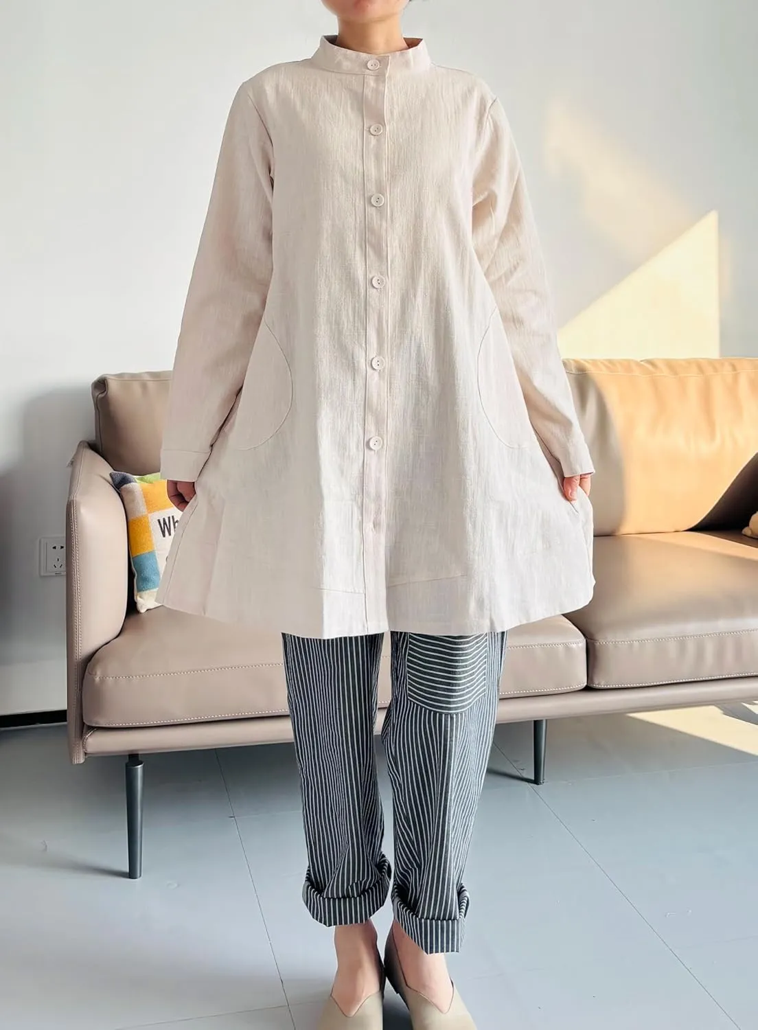 Laovanln Women's Linen Shirts Jackets Button Down Long Sleeve Cotton Blouse Tops with Pockets