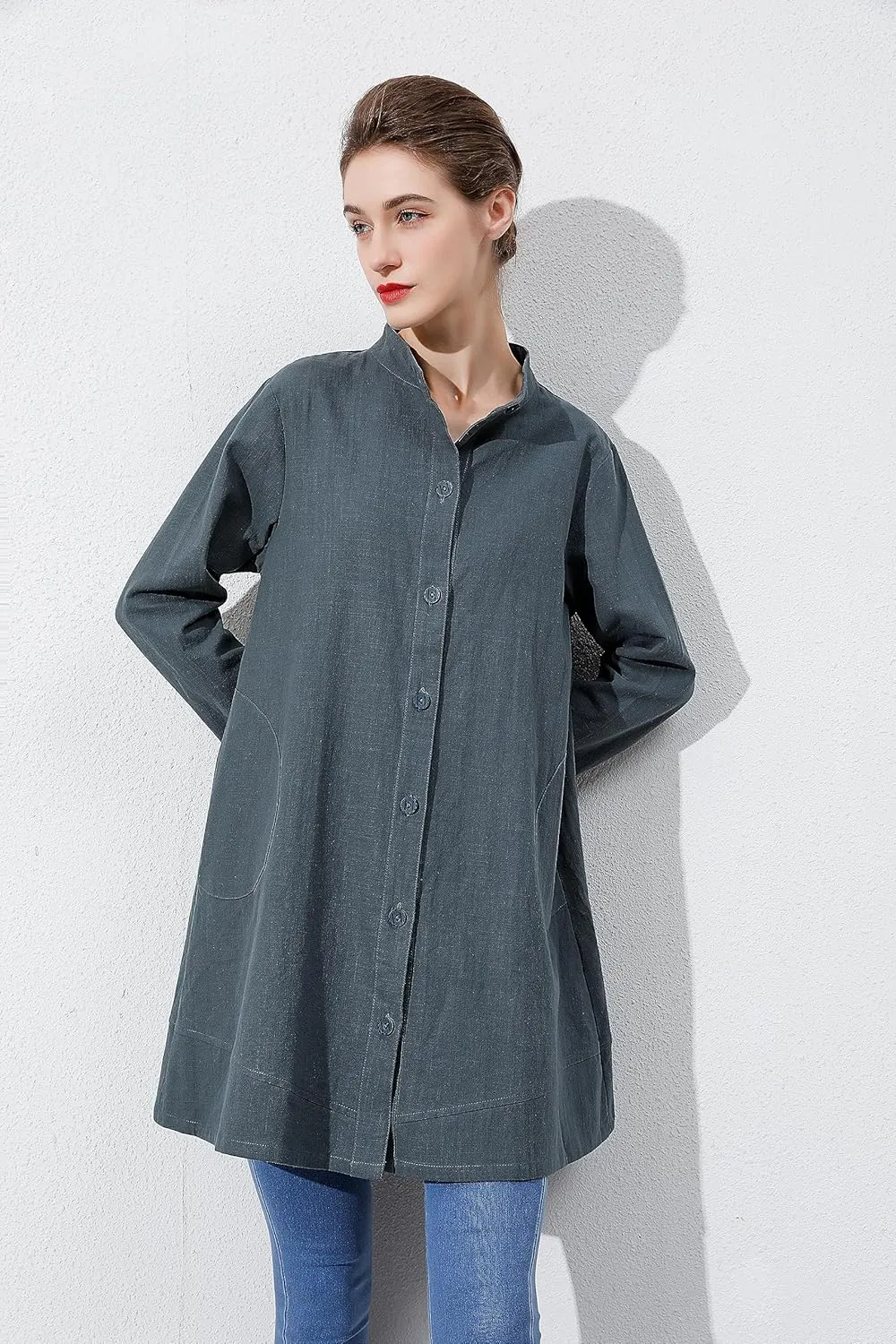 Laovanln Women's Linen Shirts Jackets Button Down Long Sleeve Cotton Blouse Tops with Pockets