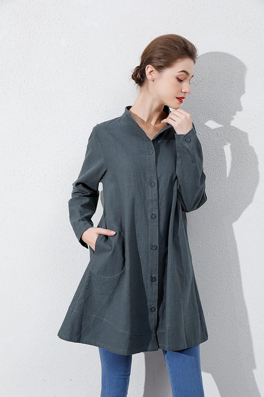 Laovanln Women's Linen Shirts Jackets Button Down Long Sleeve Cotton Blouse Tops with Pockets