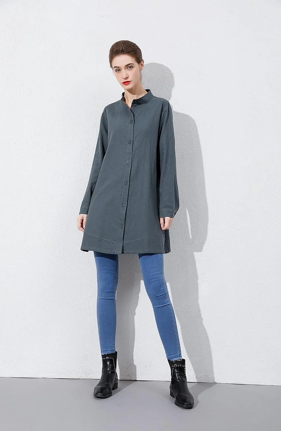 Laovanln Women's Linen Shirts Jackets Button Down Long Sleeve Cotton Blouse Tops with Pockets
