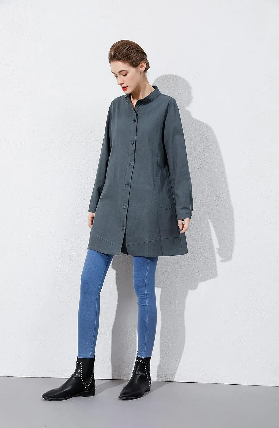 Laovanln Women's Linen Shirts Jackets Button Down Long Sleeve Cotton Blouse Tops with Pockets
