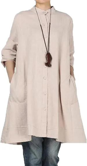 Laovanln Women's Linen Shirts Jackets Button Down Long Sleeve Cotton Blouse Tops with Pockets