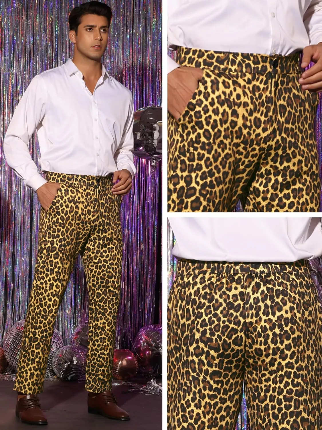 Lars Amadeus Animal Printed Dress Pants for Men's Flat Front Regular Fit Party Trousers
