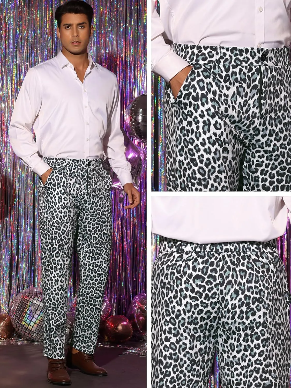 Lars Amadeus Animal Printed Dress Pants for Men's Flat Front Regular Fit Party Trousers