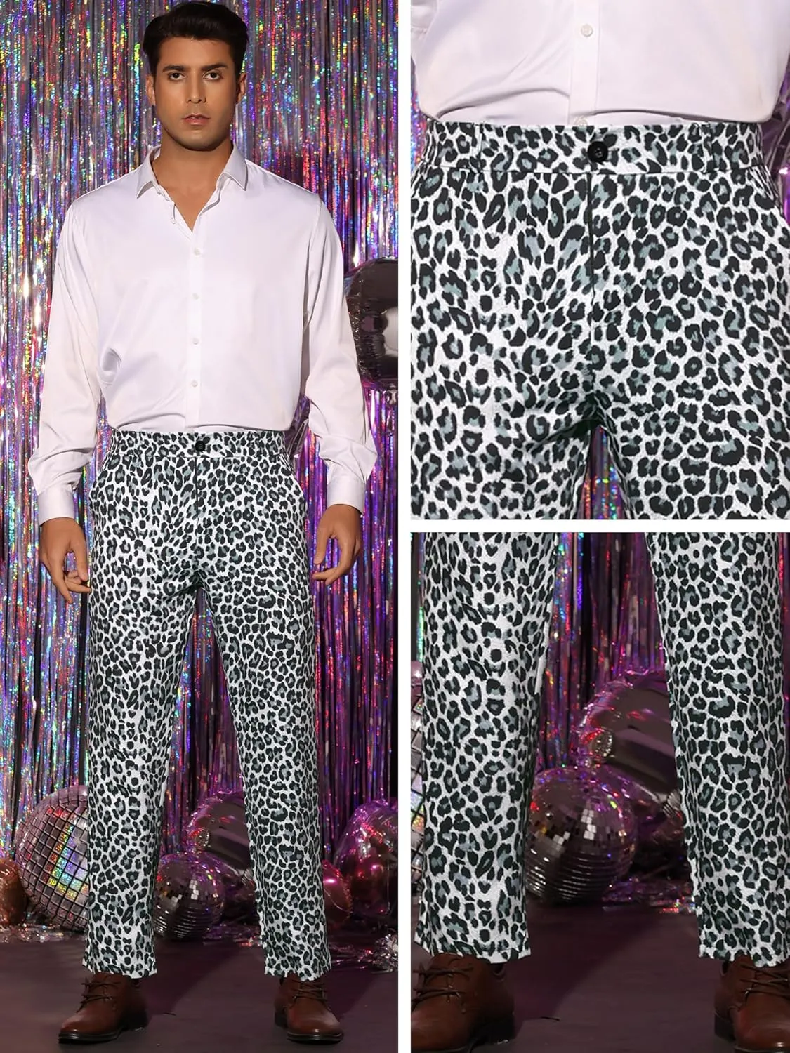 Lars Amadeus Animal Printed Dress Pants for Men's Flat Front Regular Fit Party Trousers