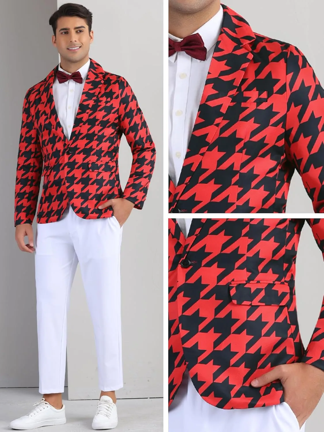Lars Amadeus Houndstooth Pattern Blazers for Men's Prom Plaid Suit Jacket Business Sport Coats