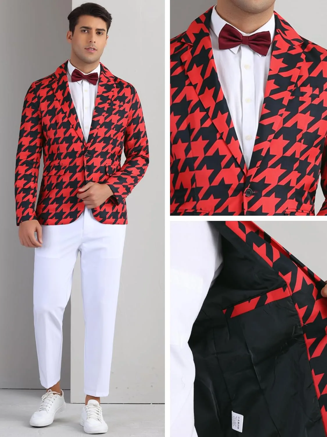 Lars Amadeus Houndstooth Pattern Blazers for Men's Prom Plaid Suit Jacket Business Sport Coats