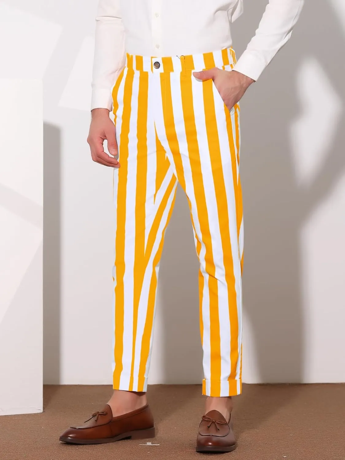 Lars Amadeus Striped Business Pants for Men's Slim Fit Flat Front Tapered Office Cropped Pants