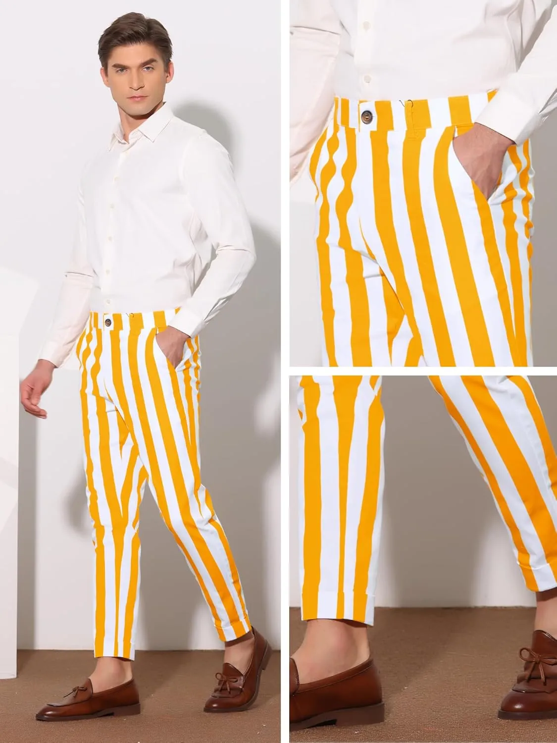 Lars Amadeus Striped Business Pants for Men's Slim Fit Flat Front Tapered Office Cropped Pants