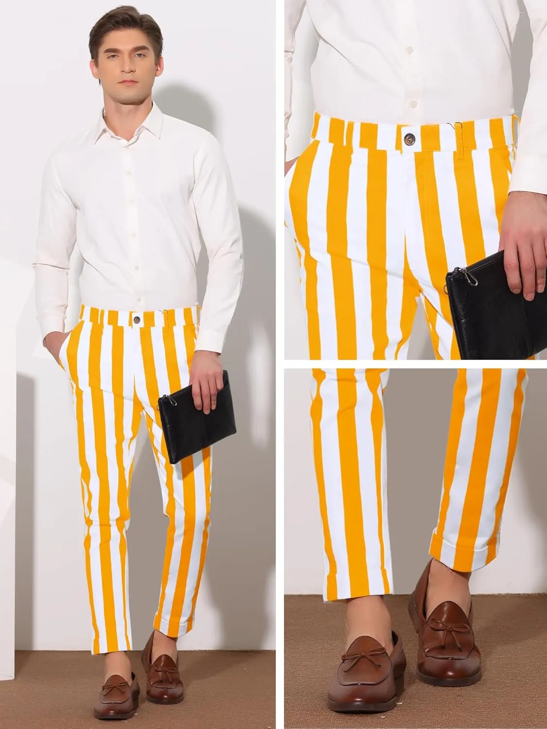 Lars Amadeus Striped Business Pants for Men's Slim Fit Flat Front Tapered Office Cropped Pants