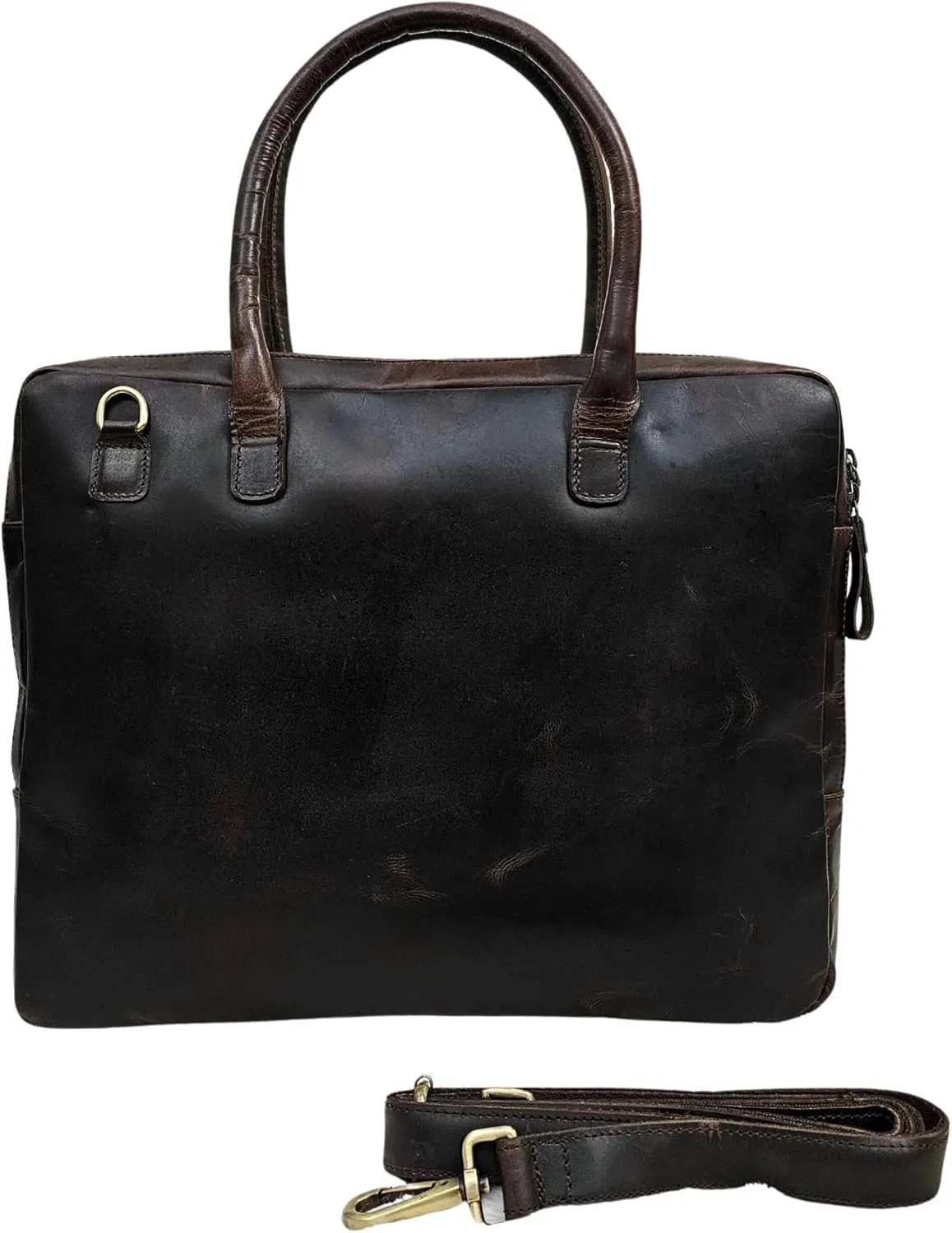 Leather Business Briefcase, 15 inch Laptop Bag with Shoulder Strap, Black and Brown