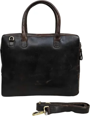 Leather Business Briefcase, 15 inch Laptop Bag with Shoulder Strap, Black and Brown