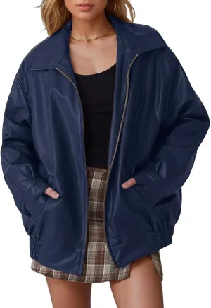 Leather Jacket Women Oversized Faux Motorcycle Bomber Jackets Fall Fashion Outfits 2024 Winter Clothes with Pocket